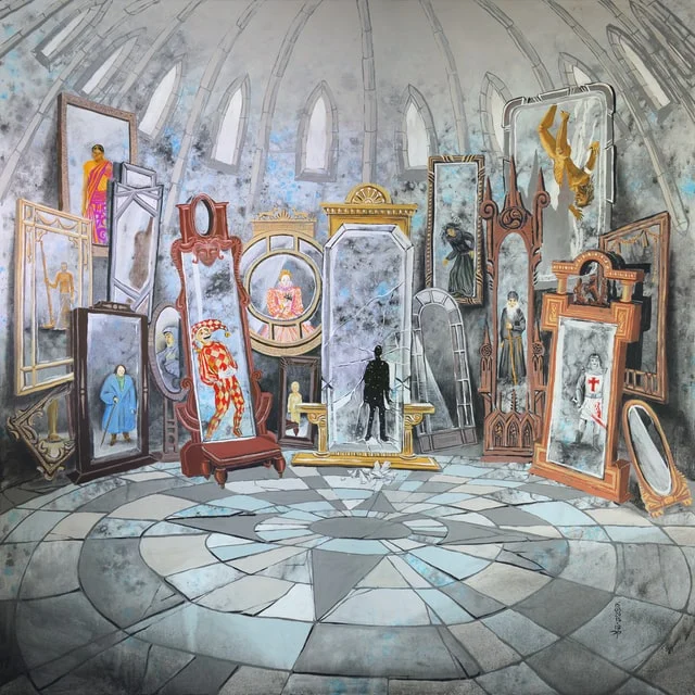 Illustrazione di una persona che sta guardando tanti specchi